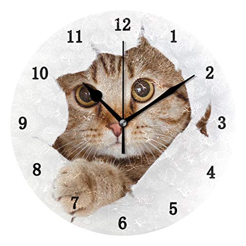 ZZKKO Cute Animal Cat Wall Clock, Silent Non Ticking Battery Operated Easy to