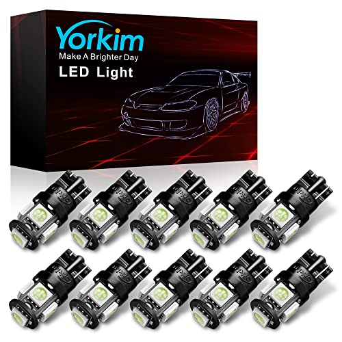 Yorkim 194 LED Bulbs Ice Blue Super Bright 5th Generation, T10 168 LED Bulb for Car Interior Dome Map Door Courtesy License Plate Lights W5W 2825, Pack of 10