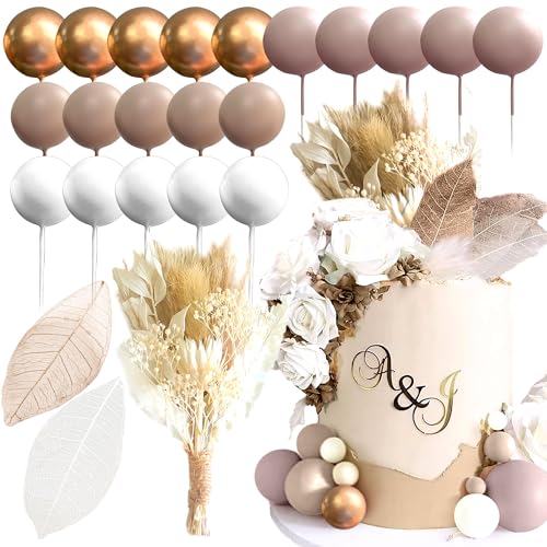 JeVenis Brown Beige Balls Boho Cake Toppers Boho Cake Decorations Cake Flowers Decorations Floral Cake Topper Flower Cake Topper for Wedding Baby Shower Birthday Party