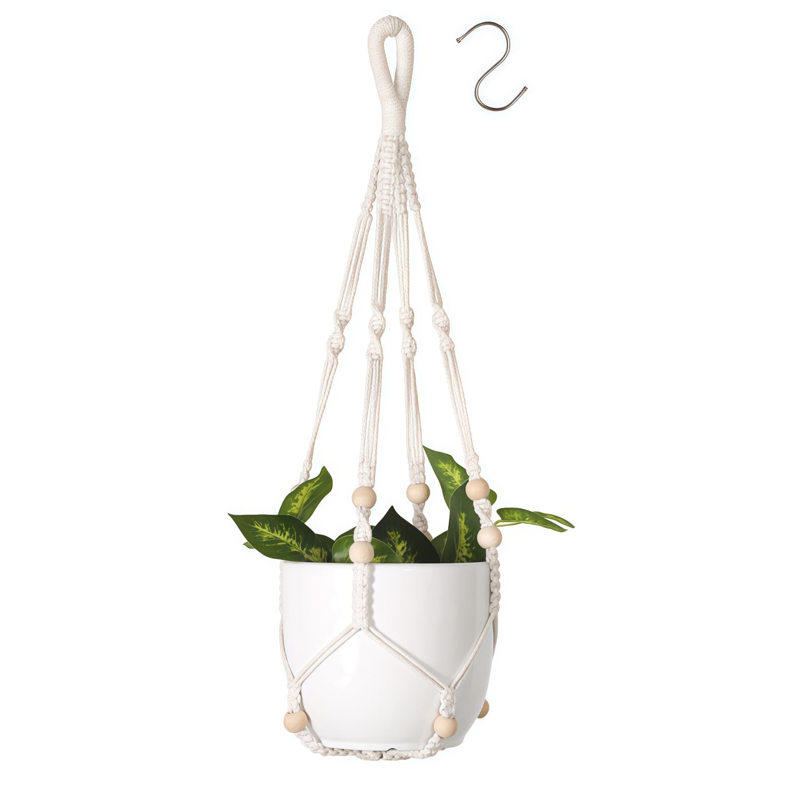 flintronic 1PC Colgador de Plantas de Cuerda de Algodón,Macramé con Cuentas de Madera,para Interior/Exterior/Pared Decoración,con 1PC S Gancho