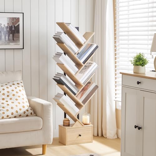 HOOBRO Bücherregal mit Schublade, Standregal mit 9 Ebenen, Baumförmiges Bücherregal, DVD Regal, Bücherturm Freistehend, für Wohnzimmer… – Ansicht 2