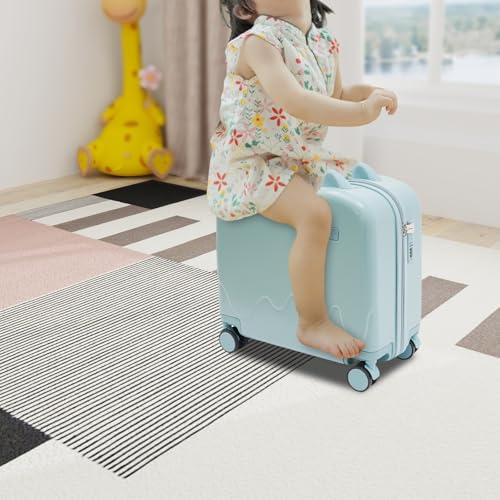 18" Ride-On Kids Suitcase, Trolley Luggage with Spinner Wheels Rolling Luggage with Password Lock Children's Riding Luggage for Travel (Sky Blue, 18")2