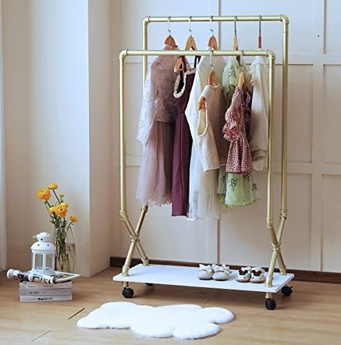 Child Clothes Rack, Kids Garment Rack Armoire Dress-up Closet, Rolling Pipe Open Clothing Rack with Wood Storage Shelf, Industrial Modern Kids Wardrobe Costume Organizer Center with 2 Hanging Rods