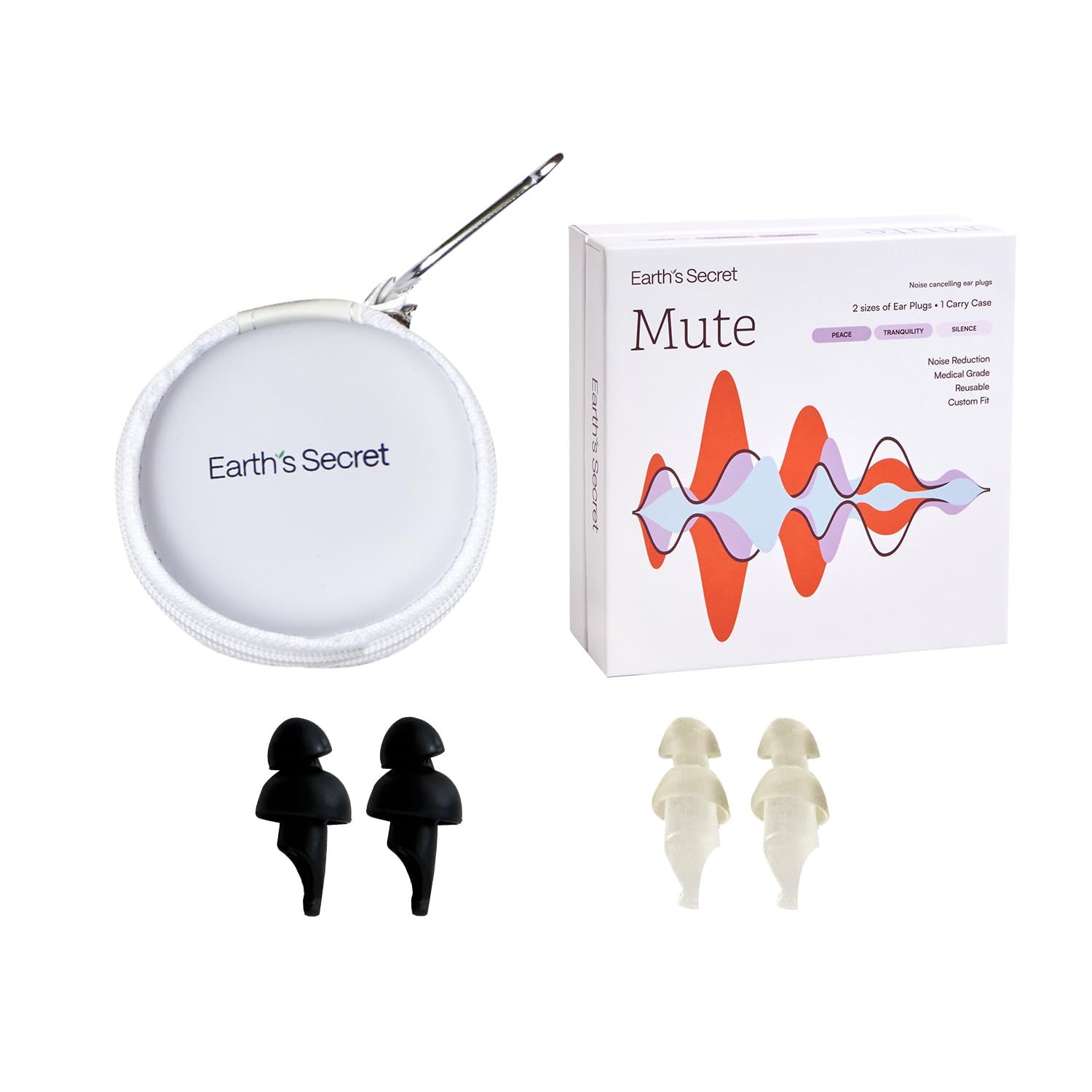 Earths SecretMute Earplugs - Ultra-Comfortable & Reusable, 26-28DB Noise Reduction - Hypoallergenic Medical Grade TPE - Discreet 2-Pair Set (S-M) with Portable Case & Keyring