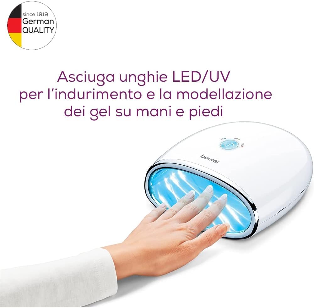 Beurer MP 48 Asciugatore Unghie per modellazione e indurimento Gel LED/UV, Funzione timer con 3 diverse impostazioni: 30, 60 e 120 sec, 18 potenti LED, fondo riflettente e design compatto, 24 W