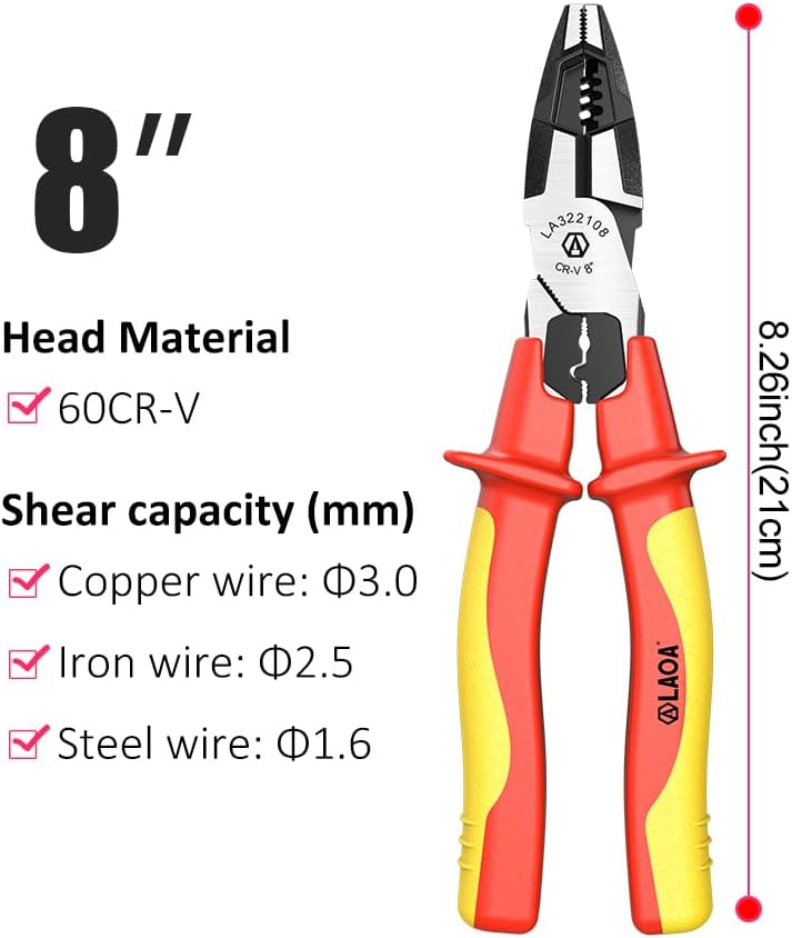 LAOA 1000V Insulated Multifunctional Pliers | Wire Cutter, Stripper, Crimper with 60CR-V Steel Heavy Duty Electrician Tool for Auto Repair, Electronics & Tight Spaces