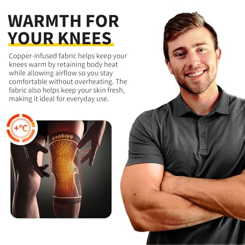 Image of CAMBIVO 2 Pack Copper Knee Braces for Knee Pain, Knee Compression Sleeve for Men and Women, Knee Support for Meniscus Tear, Running, Weightlifting, Workout, ACL, Arthritis, Joint Pain Relief (Gold, Small)