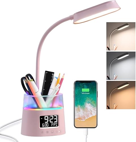 Miniatura 10 de WILIT Lámparas LED de escritorio para oficina en casa con soporte para bolígrafo, lámpara de mesa para dormitorio con puerto de carga USB y reloj,