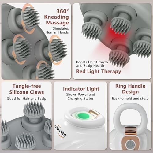 Image of TISSCARE Scalp Massager, Electric Head Massager for Scalp, 3 Speed Modes, Red Light Therapy for Hair Growth, Rechargeable Handheld Portable Body & Head Scratcher Massage Machine, Gift for Women Men