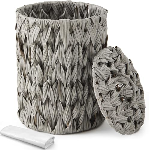 Image of Ctosree 1.3 Gallons Small Trash Can with Lid Handle Boho Woven Braided Bathroom Waste Basket Trash Can with 100 Garbage Bags for Bedroom Office Laundry(Grey, Braided Polypropylene)