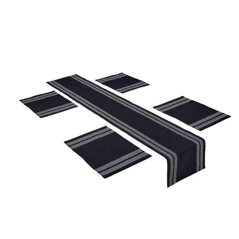 Encasa XO Table Runner and Placemats Set 6 | Fine Ribbed Cotton | Ladder Black | 1 Table Runner Size 13"x72" & Each Table Mat Size 19x13 Inch