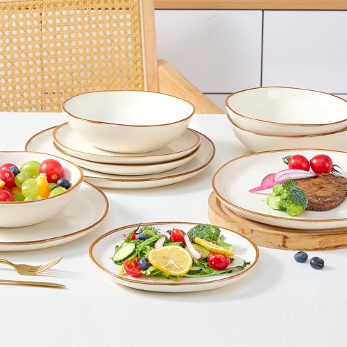 Image of Bestone 12 Pieces Round Kitchen Dinnerware Sets,Plates and Bowls Sets,Dishes, Plates, Bowls, Dish Set, Chip Resistant Ceramic Dinnerware Set, Dishwasher /Microwave Safe,Service for 4,Pearl White