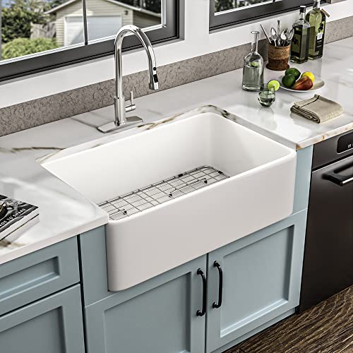 Fulorni 33 Inch White Farmhouse Sink – Reversible Apron Front, High-Gloss Fireclay Porcelain Ceramic Farm Kitchen Sink, Single Bowl Country Style Farmer Style Basin, 33'x20'x10'