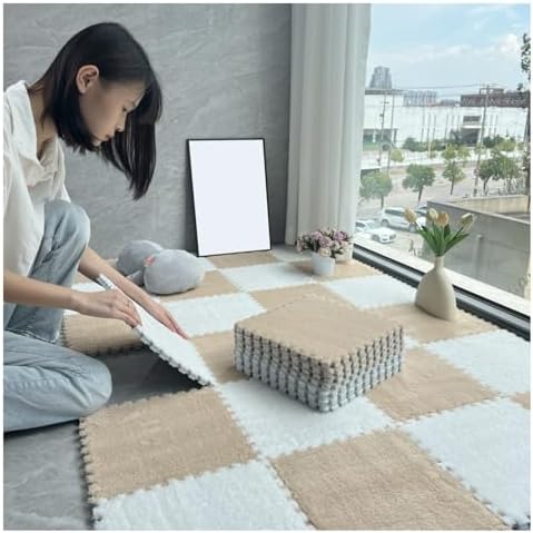 Thick Non-Slip Plush Foam Floor Mat - 100pcs 12x12x0.4 in Interlocking Gray & White Tiles for Living Room, Bedroom, Playroom - Soft, Fluffy Area Rug Décor