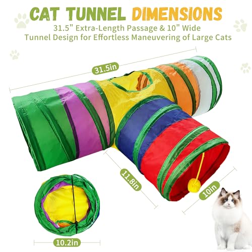 Image of Cat Tunnel,Cat Tunnels for Indoor Cats Interactive, Pet Tunnel Toys for Cats Kitten Rabbits,3 Way Collapsible,Rainbow L 32 inch T Shape