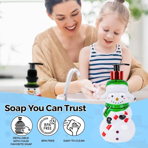 Image of Simple Pleasures Snow Frosting Hand Soap Dispenser - 16.9 fl oz Refillable Holiday Soap, Ceramic Snowman Design with Candy Cane & Green Scarf - Festive Winter Bathroom & Kitchen Decor Gift
