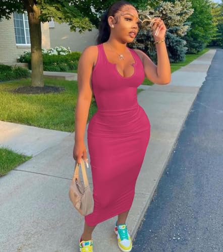 Image of Nimsruc Women Casual Sexy Deep U Neck Tank Top Bodycon Dress Summer Sleeveless Wrap Long Basic Party Club Maxi Dresses