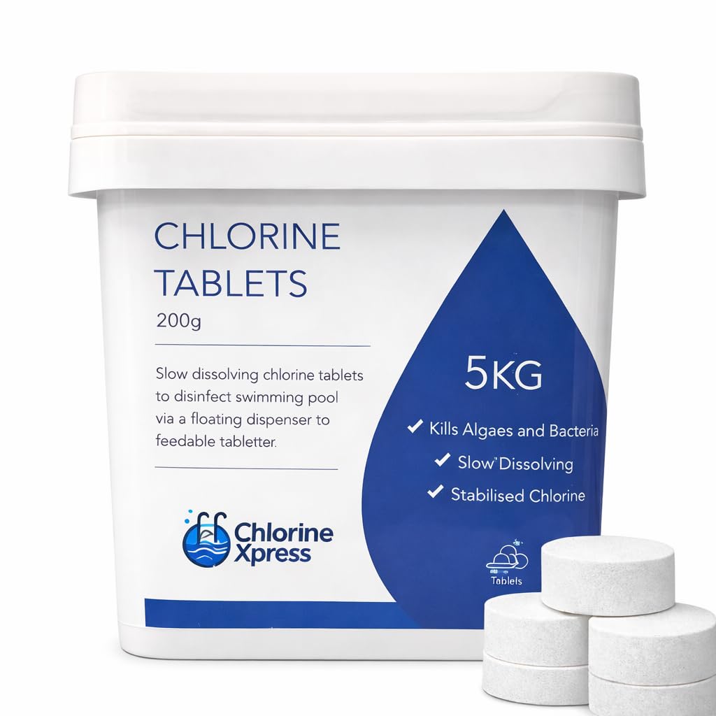 Chlorine Tablets 5kg - 200g Tablet – Slow Dissolving Stabilised Pool Chlorine – Chlorine Xpress - Kills Bacteria & Viruses – For Swimming Pools & Hot Tubs