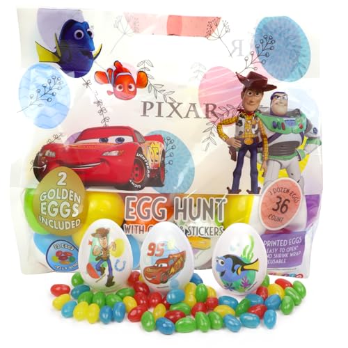 Disney Pixar Reusable Easter Eggs Pre-Filled with Jelly Beans and Stickers Egg Hunt Supplies 36 Total