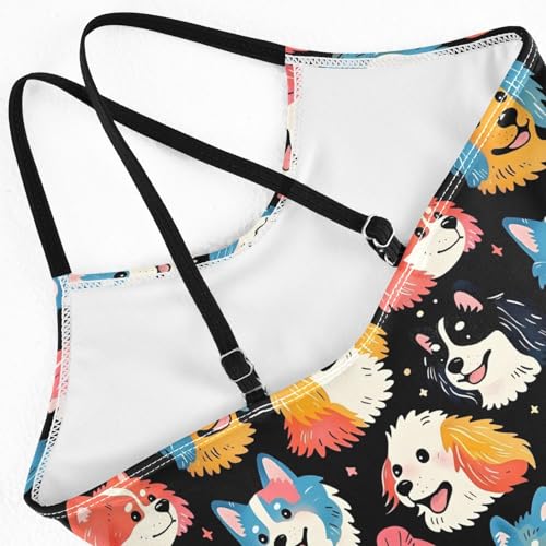 senya Girls Swimsuits One-Piece Swimwear Tie Bathing Suit Beach Summer Round Neck 9-10T Colorful Dog Heads Black Stars4