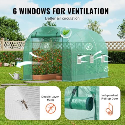 Image of VEVOR Walk-in Tunnel Greenhouse, 9.6x6.4x6.2 ft Hoop House Greenhouse Tunnel, Plant Hot House with Galvanized Steel Frame, Green PE Cover, Roll-up Zipper Door and 6 Windows for Outdoor