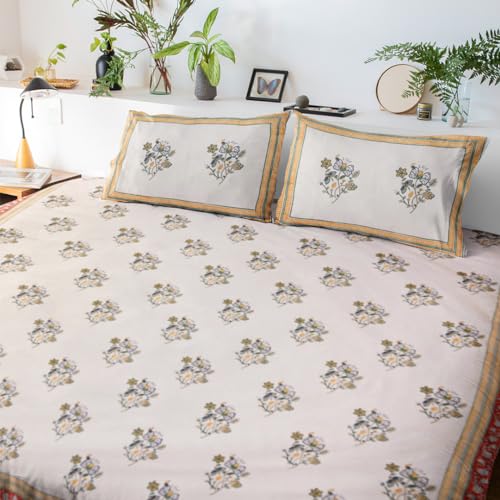 Image of Vasant Premium Hand Block Printed Bedsheet | Bed Sheet Flatsheet | Pure Cotton | Double Bed King Size 108 inchx108 inch | 300 TC Bedsheets | Includes 2 Pillow Covers | Flower Spread