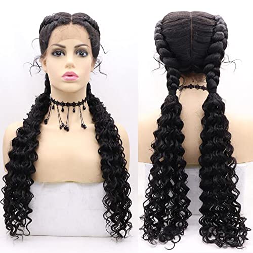 Xiweiya 1B Black Wig Long Braided Wigs Add Crimped Hair Highlight 2X Double Twist Braided Curly Synthetic 360 Full Lace Front Wig with Baby Hair for Women,Drag Queen Halloween Makeup Party