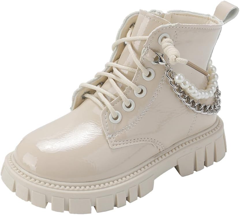 Girls Combat Boots with Pearl and Chain Dress Ankle Boots Side Zipper Lace Up Riding Shoes (Toddler/Little Kid/Big Kid)
