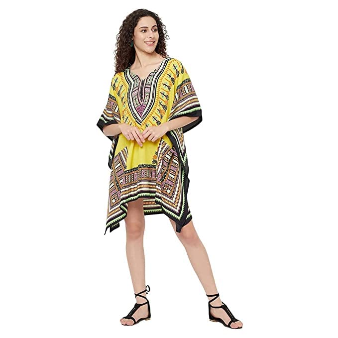 cigain Women's Print Short Kaftan Dresses, XS-5XL Regular to Plus Size (Yellow)-picture-19