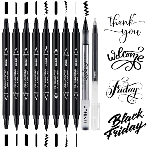 HNIHUY Dual Tip Black Acrylic Calligraphy Pens, 10 Size Calligraphy markes for Writing, Hand Lettering Pen for Art Drawing, Sketching, Scrapbooking, Brush Pens Calligraphy Set for Beginners