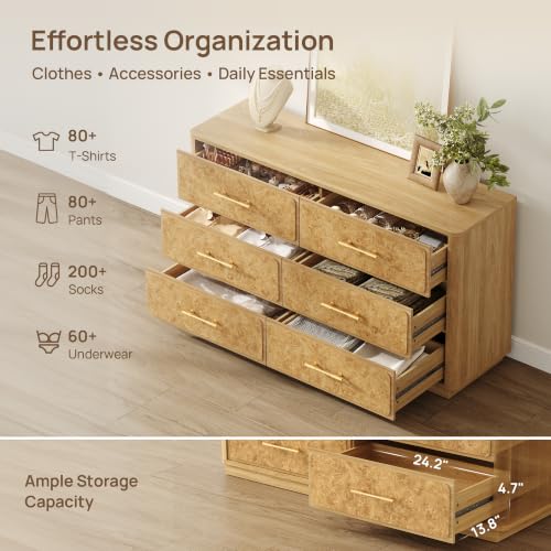 Image of SICOTAS 110 inch Extra Wide Dresser for Bedroom- Burl 6 Drawer Chest of Drawers