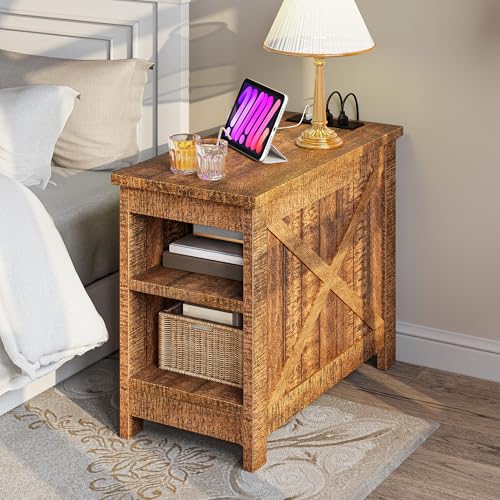 DWVO 2PCS Farmhouse Nightstand with Charging Station & Storage Shelves, Narrow Side Table for Small Spaces Bedroom/Living Room, Brown