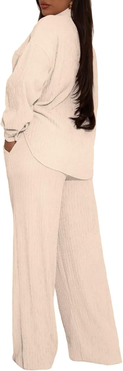 Ophestin Women 2 Piece Dressy Outfits Casual Pleated Long Sleeve Button Down Shirt Wide Leg Pants Loungewear Matching Sets - Image 2