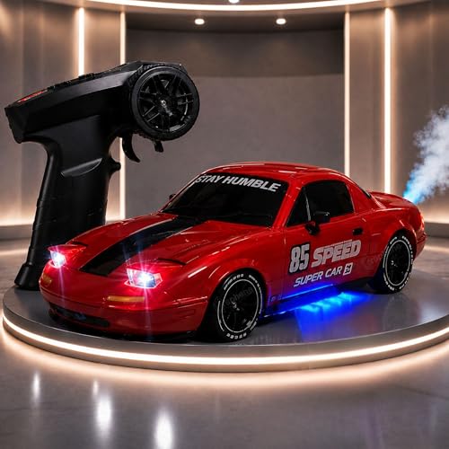 Image of GRAPHENE 1:24 4WD Remote Control Drift Car for Boys RC Stunt Car LED Pop up Lights Smoke Effect 2.4GHz High-Speed Racing Spray Rechargeable Toy Car for Kids Drift Tires Road Blocks Age 3+Years (Red)