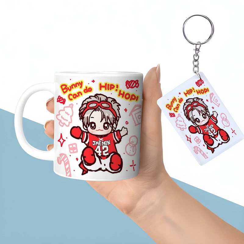 NCT Dream Jaemin Bunny Ceramic Mug with Keychain, K-Pop Idol Themed Coffee Cup Gift Set for Fans