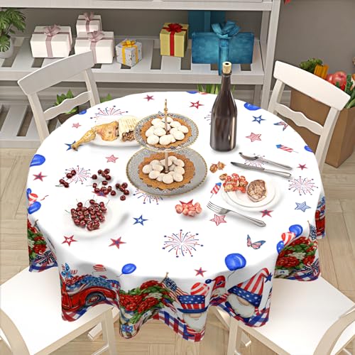 4th of July Tablecloth Round 60 Inch Independence Day Gnome Truck Table Cloth Circle Patriotic American Flag Star Memorial Day Washable Reusable Polyester Table Cover for Dining Kitchen Party Decor by Vrysenium - Used condition - Image 7