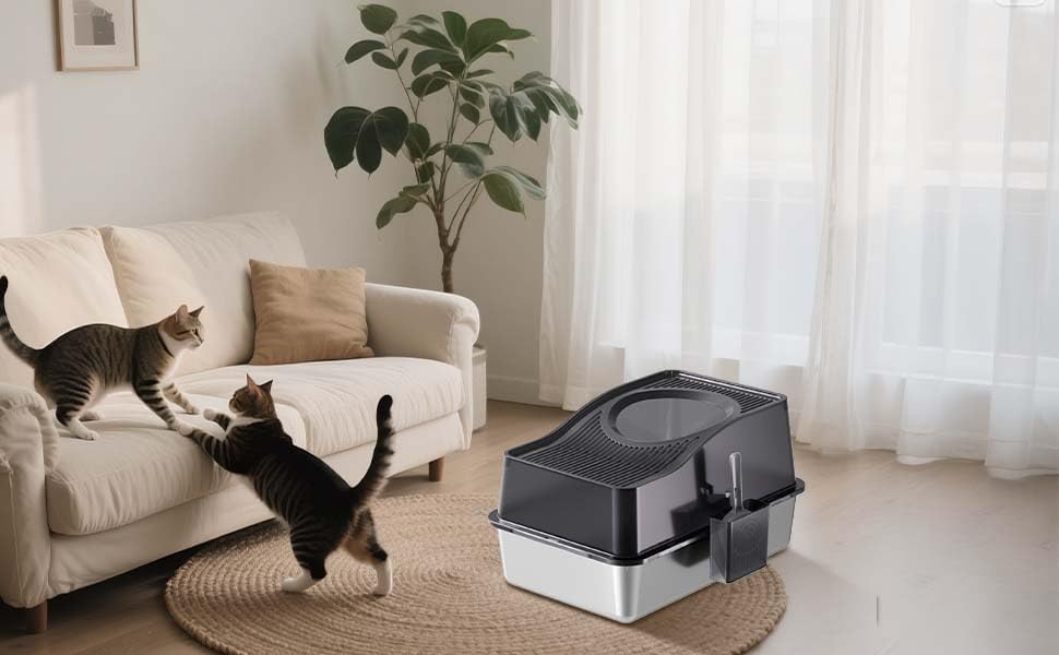 Stainless Steel Enclosed Cat Litter Box with Lid, Top Entry High-Sided Litter Box for Large Cats, Odor-Resistant & Easy Clean Kitty Litter Pan – 60x40x34.5cm White Base, Anti-Scatter Design - image 6