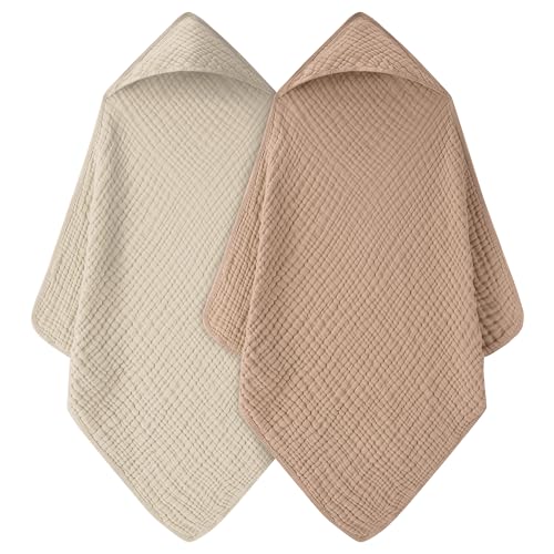 Image of FIEMOL Baby Bath Towels, 100% Muslin Cotton Hooded Baby Towels for Newborn, 2 Pack Baby Towels with Hood for Infant Toddler and Kids, Large 32x32Inch, Soft and Absorbent