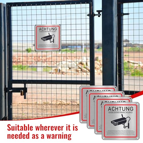 Videoüberwachung Schild, 4 Stück Schild Videoüberwachung Privatgrundstück, 15x15cm Aluminium Achtung Videoüberwachung Schilds, Schilds Kameraüberwachung für Überwachungskamera Oder Kamera Attrappe