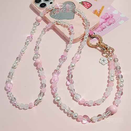 [CSILOVEE] スマホストラップ ストラップ ビーズ ショルダー 花 真珠 パール ピンク キラキラ カラフル 活発で可愛い おしゃれ 人気 バッグチェーン 斜め掛け 全スマホ対応 忘れ物防止 耐久性 韓国 タグ1枚付き (120cm, ピンク)