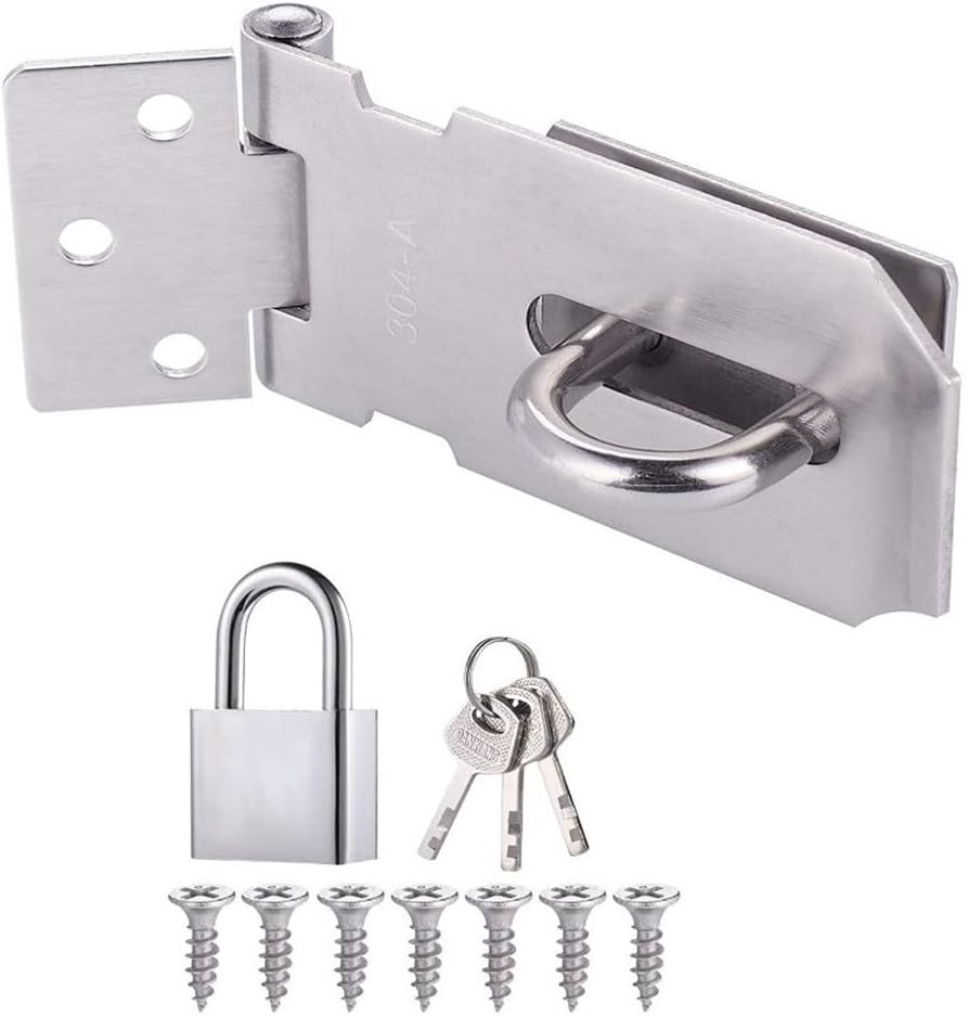 Heavy Duty Stainless Steel Door Hasp Lock with Padlock and Keys, 3 Inch Burglar-Proof Gate Latch for Shed, Cabinet, Tool Box, 90/180 Degree Installation