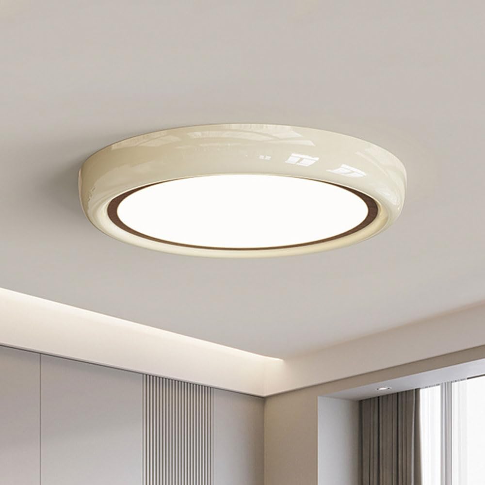 YESSRON Cream LED Flush Mount Ceiling Light, 14.9" Dimming Ceiling Lights Fixture, 48W Round Cream Beige Ceiling Lamp for Kitchen Porch Bedroom Hallway Stairwell, with Remote Control