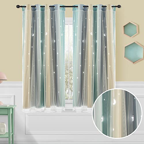Ajazz Curtains For Girls Bedroom Kids Curtain Hollow-Out Star Window Drapes Curtain Room Darkening Grommet 2 Layers,63 Inch Length 2 Panels Set #TOP2