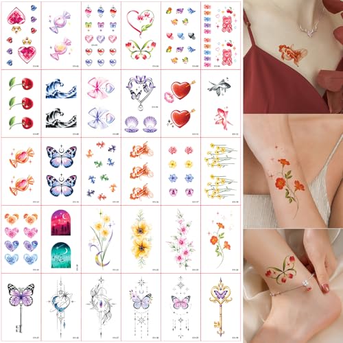 Tatuajes Temporales Adultos, 30 Hojas Purpurina Tatuaje Falsos, Tatuaje Temporal Realista Impermeable Para el Mujeres Mano Cuello Brazo Pecho Pierna