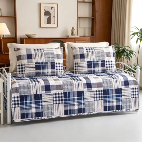 Image of Jarson 3 Pcs Plaid Daybed Cover Set Twin Size Navy White Brown Sofa Cover Double Side Bed Set Classic Patchwork Bedding Sets Daybed Quilt Set with Pillow Shams
