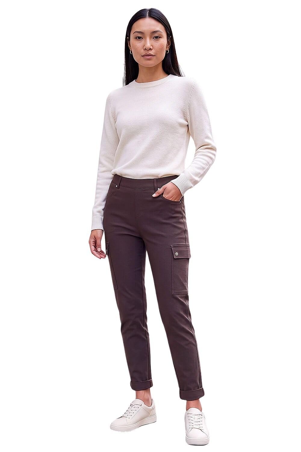 Roman Women's Chocolate Turn Up Stretch Cargo Trousers Size 18