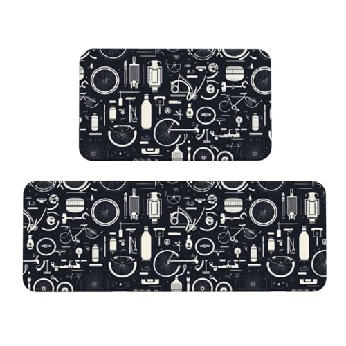 GVYGVY Antifatigue Kitchen Mats for Floor 2 Piece - Bicycle Navy Blue Print Kitchen Rugs Washable, Non Slip Runner Rug Standing Mat for Office/Bathroom/Laundry/Home Decor and Accessories