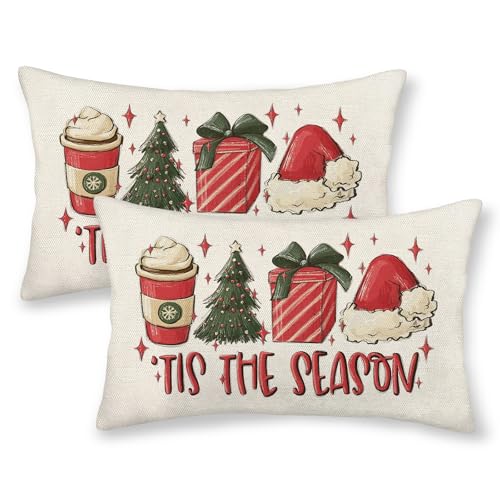 OFIRD Merry Christmas Pillow Covers 12x20 Pack of 2 Christmas Decoration Gift Red Throw Pillow Covers Winter Holiday Decor Pillowcase Farmhouse Lumbar Linen Cushion Case for Home Couch Sofa