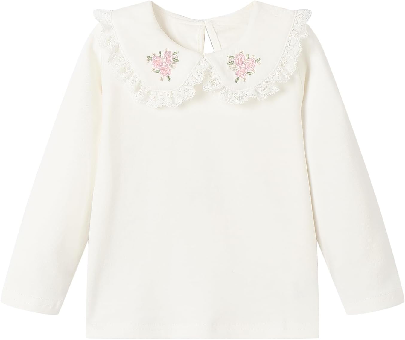 Toddler Little Girls Embroidery Peter Pan Collar Tshirts Long Sleeve Cotton Shirt 2-6Y