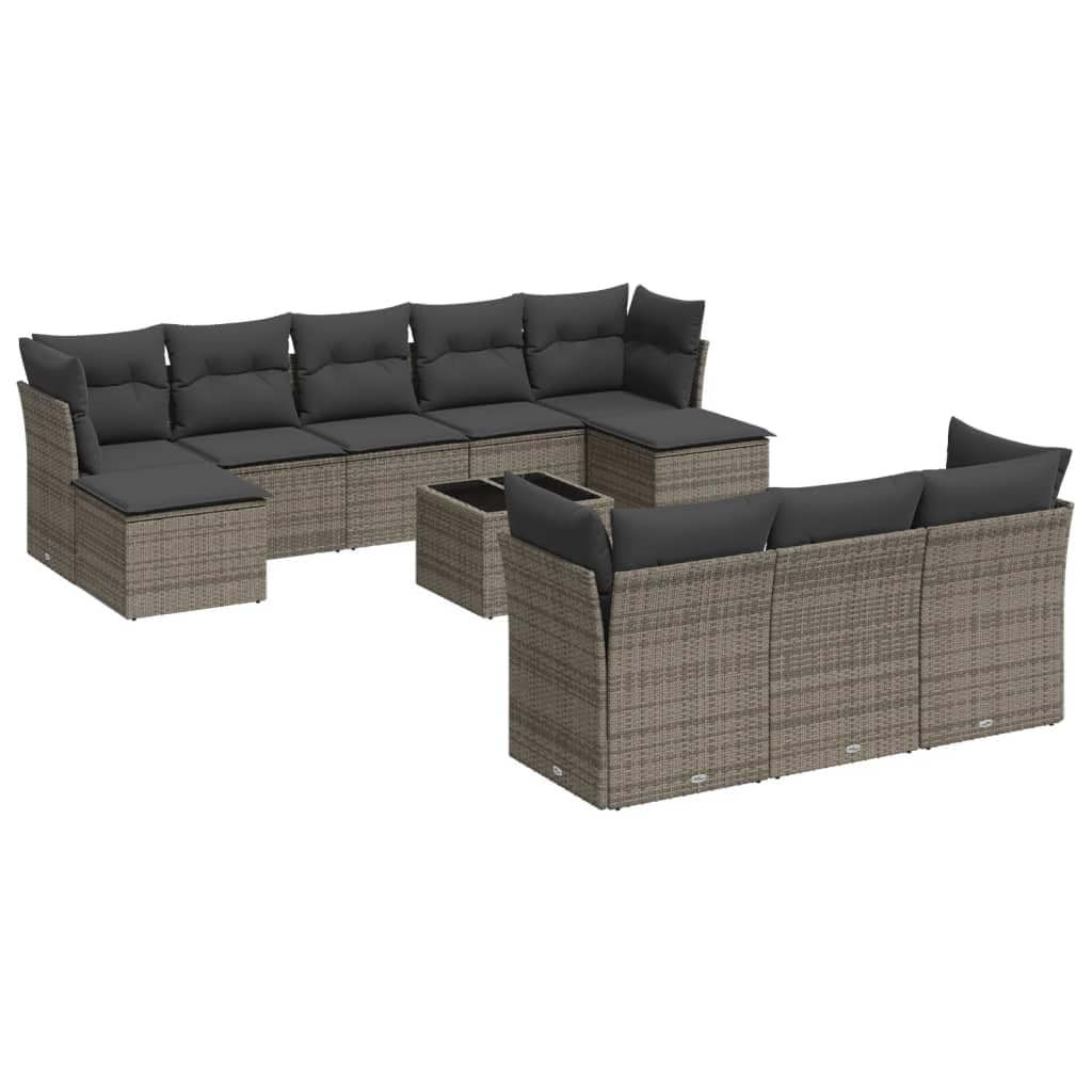 11-TLG. Set divano da giardino grigio polyrattan, con cuscino, design modulare, resistente ai raggi UV, per terrazze e balconi, per esterni patio